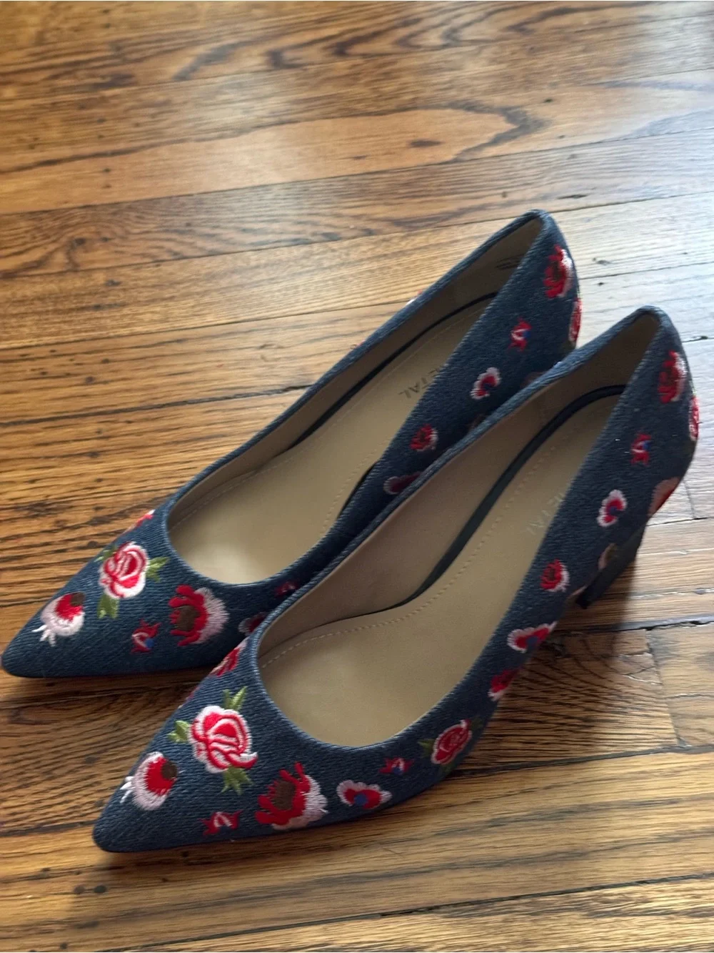 Embroidered Denim Pointed-Toe Pumps in Blue with Red Floral Detail